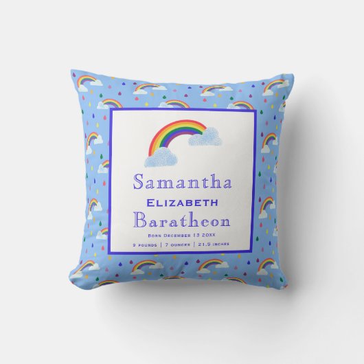 レインボーカラフルレインパーソナライズされたベビー誕生状態 クッション (正面)