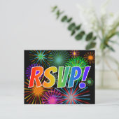 レインボーカラフルレター「RSVP!」、花火パターン ポストカード (スタンド正面)