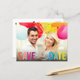 レインボーカラフル文字モダン写真Save The Date 案内ポストカード