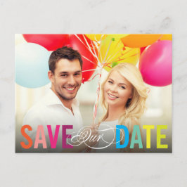 レインボーカラフル文字モダン写真Save The Date 案内ポストカード