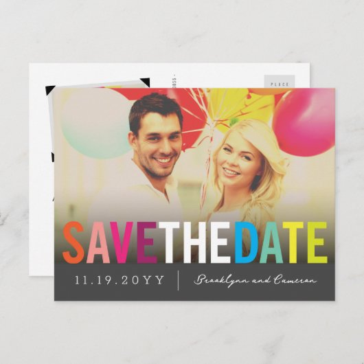 レインボーカラフル文字日付の写真はがきを保存 案内ポストカード (正面/裏面)