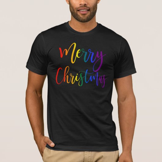 レインボーカラフル文字LGBTQゲイプライドクリスマス Tシャツ (正面)