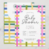 レインボーカラフル格子模様チェッカーボード赤ちゃんシャワー 招待状 (正面/裏面)