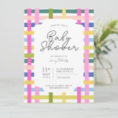 レインボーカラフル格子模様チェッカーボード赤ちゃんシャワー 招待状 (スタンド正面)