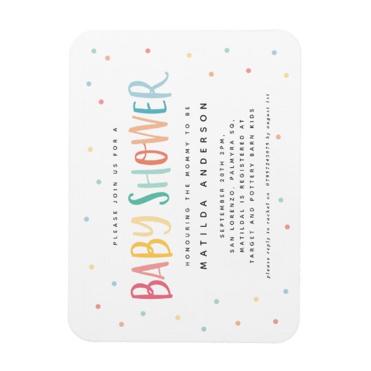 レインボーカラフル水玉模様ベビーシャワー招待 マグネット (縦)