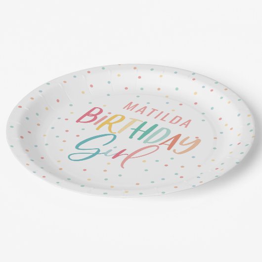 レインボーカラフル水玉模様誕生日ガール ペーパープレート (アングル)