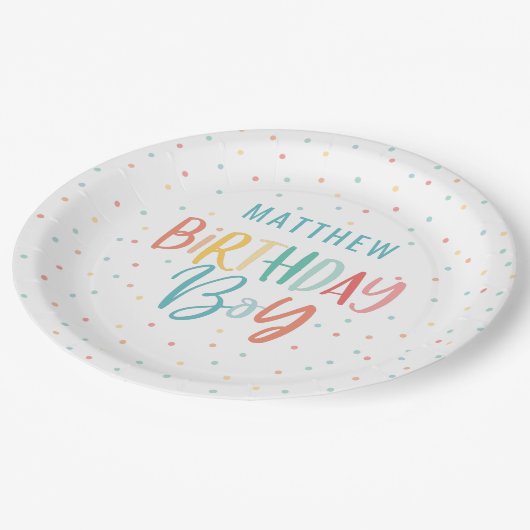 レインボーカラフル水玉模様誕生日ガール ペーパープレート (アングル)