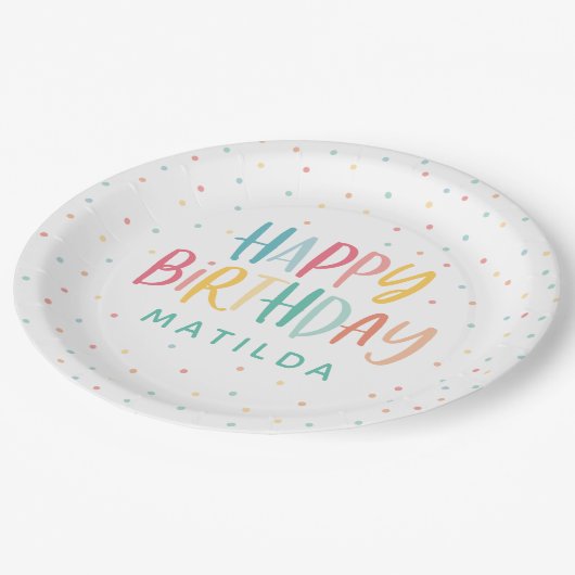 レインボーカラフル水玉模様誕生日 ペーパープレート (アングル)