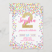 レインボーカラフル紙吹雪金ゴールドガール2歳の誕生日 招待状 (正面/裏面)