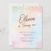 レインボーカラフル誕生日水彩金ゴールドグリッター 招待状 (正面)