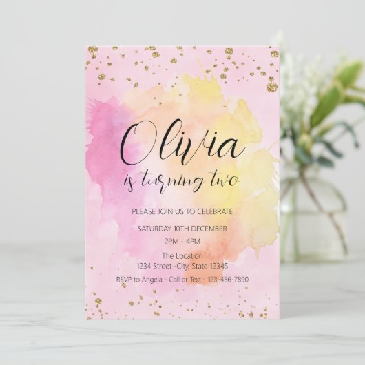 レインボーカラフル金ゴールドグリッターガールバースデーパーティー 招待状 (スタンド正面)