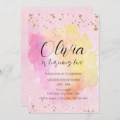 レインボーカラフル金ゴールドグリッターガールバースデーパーティー 招待状 (正面/裏面)