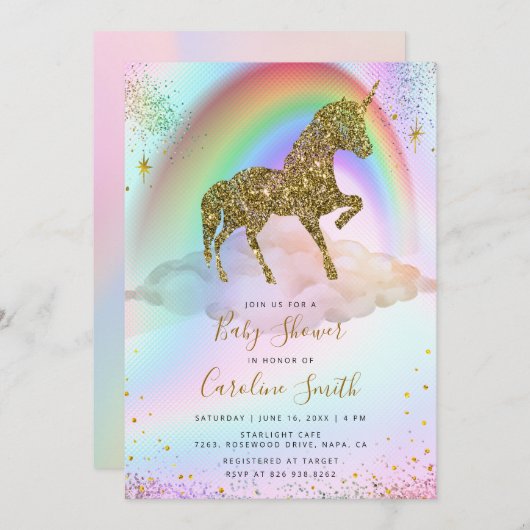 レインボーカラフル金ゴールドグリッターユニコーンベビーシャワー 招待状 (正面/裏面)
