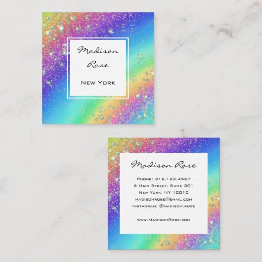 レインボーカラフル金ゴールドホログラフィックラグジュアリーモダン スクエア名刺 (正面/裏面)