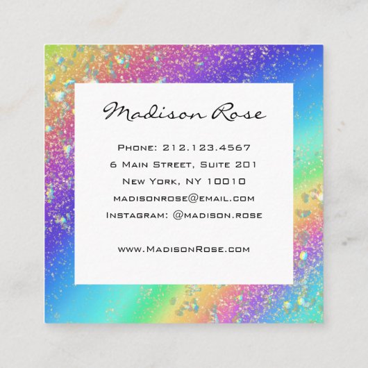 レインボーカラフル金ゴールドホログラフィックラグジュアリーモダン スクエア名刺 (裏面)