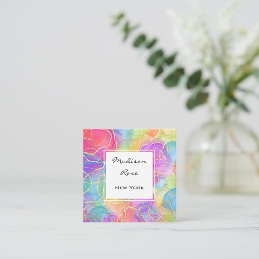 レインボーカラフル金ゴールドホログラフィックラグジュアリーモダン スクエア名刺 (スタンド正面)