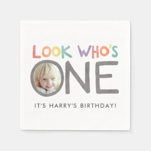 レインボーカラフル1歳の誕生日フォトナプキンス スタンダードカクテルナプキン