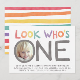 レインボーカラフル1歳の誕生日招待状 |写真 招待状