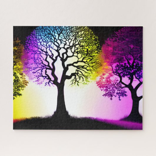 レインボーカラーのまわりにブラックシルエットツリー ジグソーパズル (横)
