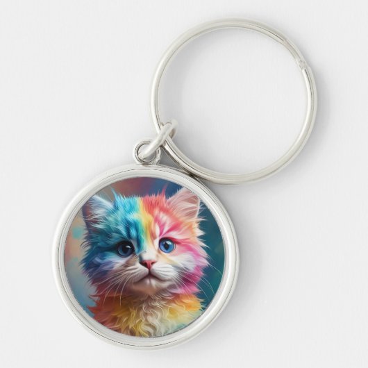 レインボーカラーの子猫の柄 キーホルダー (正面)