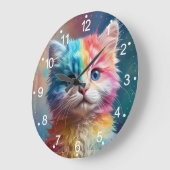 レインボーカラーの子猫の柄 ラージ壁時計 (傾斜)