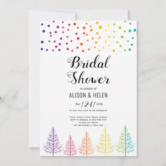 レインボーカラーの木、ドットのレズビアンブライダルシャワー 招待状 (正面)