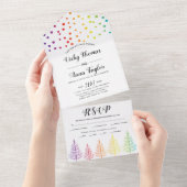 レインボーカラーの木、ドットのレズビアン冬の結婚式 オールインワン招待状 (貼ってはがせる)