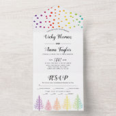 レインボーカラーの木、ドットのレズビアン冬の結婚式 オールインワン招待状 (内側)