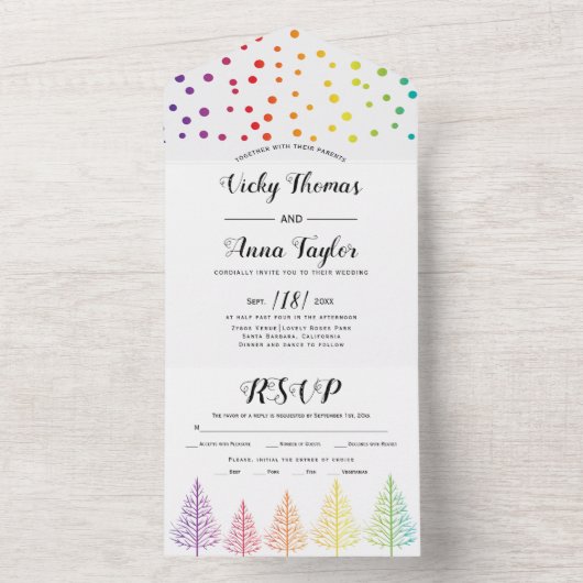 レインボーカラーの木、ドットのレズビアン冬の結婚式 オールインワン招待状 (内側)