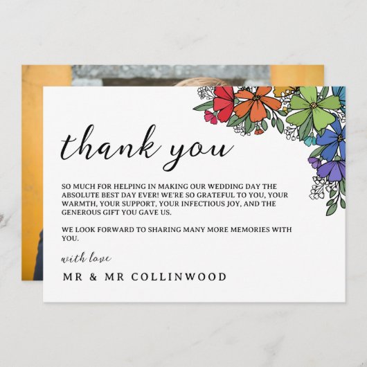 レインボーカラーの花LGBTフォト結婚ズ サンキューカード (正面/裏面)