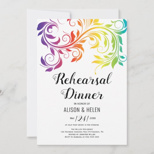 レインボーカラーはレズビアンのリハーサルディナーをスクロール 招待状 (正面)