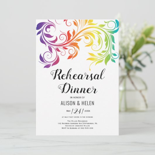 レインボーカラーはレズビアンのリハーサルディナーをスクロール 招待状 (スタンド正面)