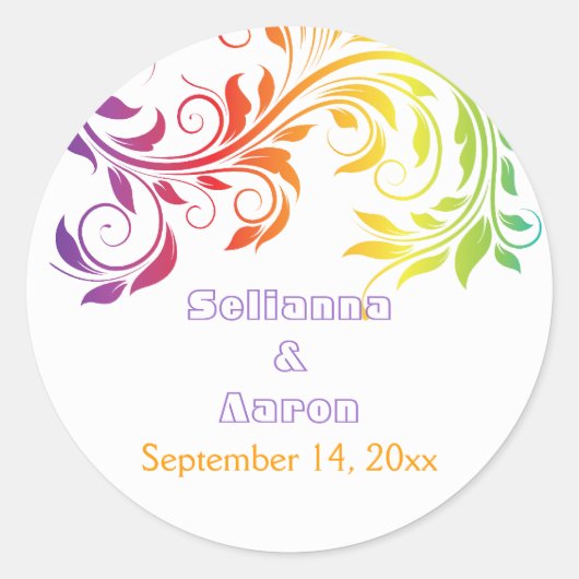 レインボーカラーは葉の結婚式をスクロール日付を保存 ラウンドシール (正面)