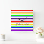 レインボーカラーストライプ線モノグラムカラフル名 スクエア壁時計 (ホーム)