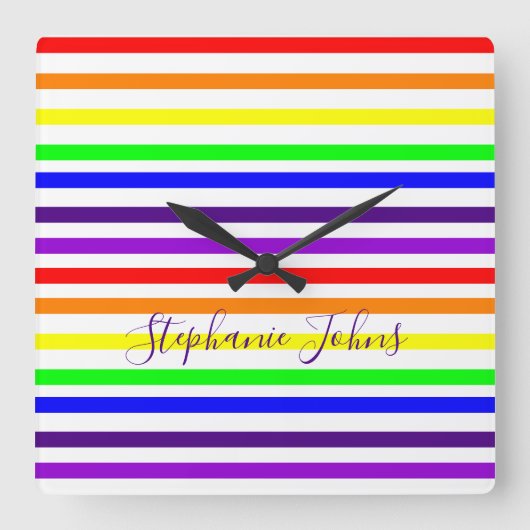 レインボーカラーストライプ線モノグラムカラフル名 スクエア壁時計 (正面)