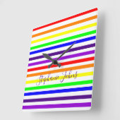 レインボーカラーストライプ線モノグラムカラフル名 スクエア壁時計 (傾斜)