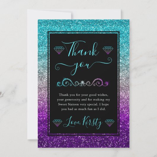 レインボーカラーズグラデーショングリッタースウィート16 サンキューカード (正面)