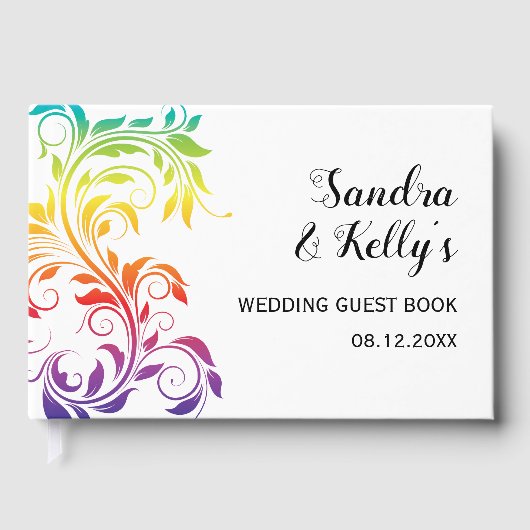 レインボーカラーズスクロール葉ゲイレズ結婚ビアン ゲストブック (正面)