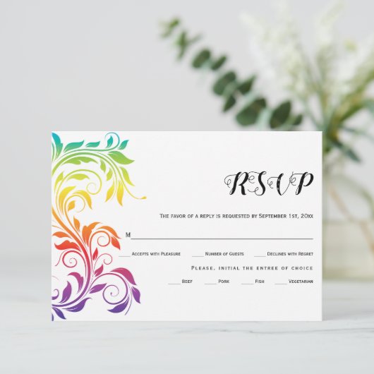 レインボーカラーズスクロール葉ゲイレズ結婚ビアン 出欠カード (スタンド正面)