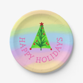 レインボーカラーズハッピーホリデーズツリークリスマス ペーパープレート