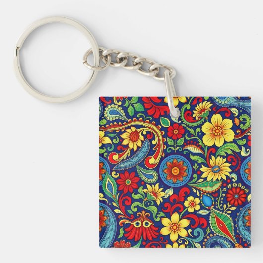 レインボーカラーズフラワーペイズリーデザイン キーホルダー (正面)