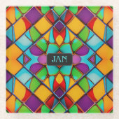 レインボーカラーズ絵画グラスとカスタムイニシャル ガラスコースター (正面)