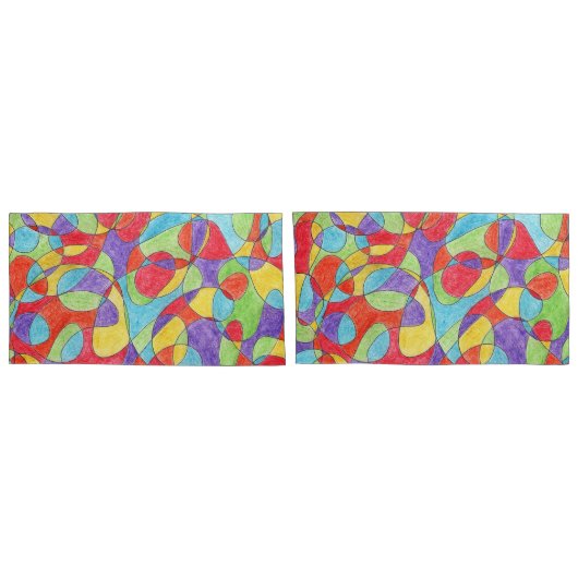 レインボーカラーハンドドロッドクレヨンドルパターン 枕カバー (裏面-セット)