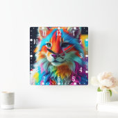 レインボーカラーフューリーキャット–68587 スクエア壁時計 (ホーム)