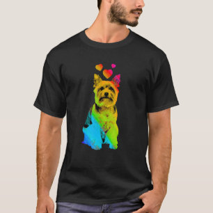 レインボーカラーヨークシャーテリアとハートカラー Tシャツ