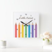 レインボーカラーリングペンシルスクールキッズルームデコル スクエア壁時計 (ホーム)