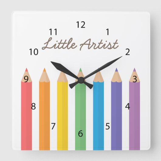 レインボーカラーリングペンシルスクールキッズルームデコル スクエア壁時計 (正面)