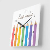 レインボーカラーリングペンシルスクールキッズルームデコル スクエア壁時計 (傾斜)