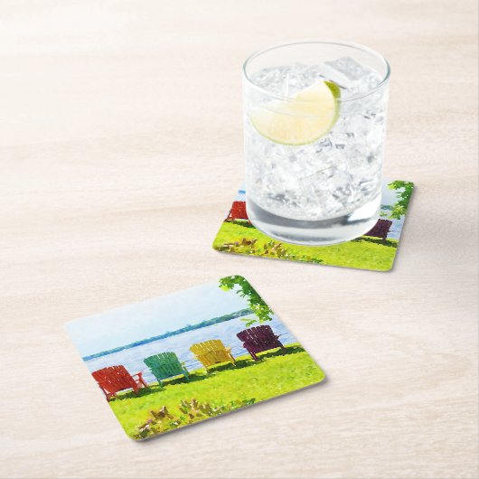 レインボーカラーレイクサイドアディロンダックチェア スクエアペーパーコースター (インサイチュ)