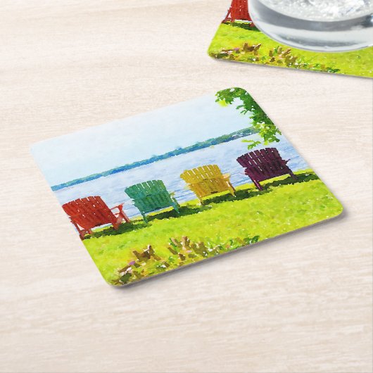 レインボーカラーレイクサイドアディロンダックチェア スクエアペーパーコースター (アングル)